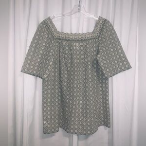 Anna Sui Anthropologie Cotton Green Cream Top Square Neck Short Sleeve Size S